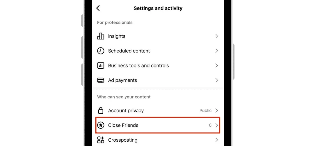 instagram close friends settings screen