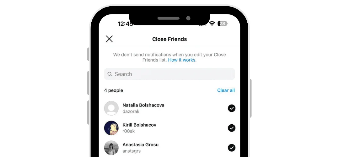 instagram close friends settings screen